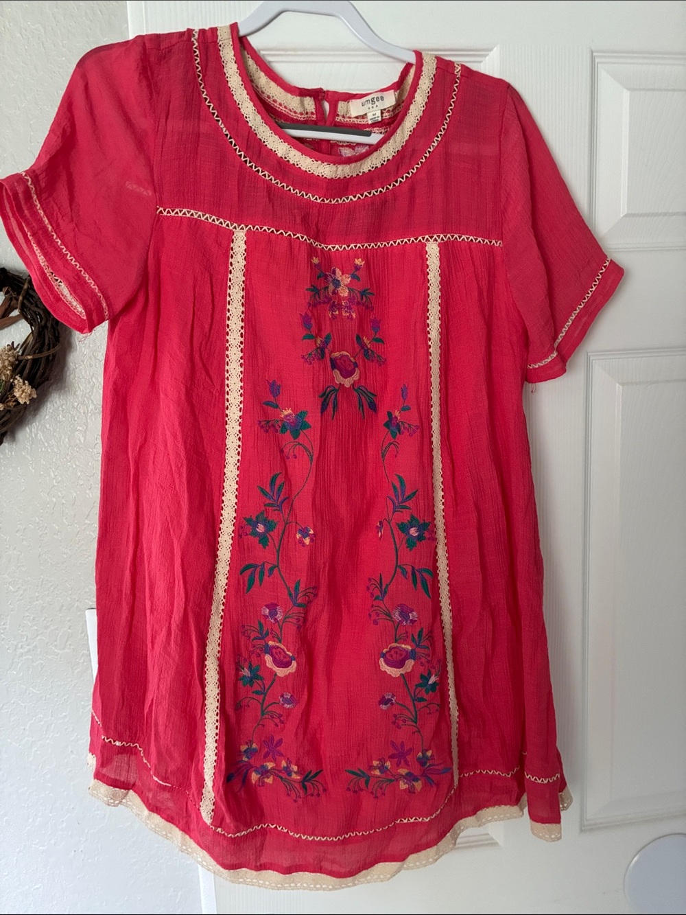 Umgee Red Floral Embroidered Tunic Dress with Cream Trim